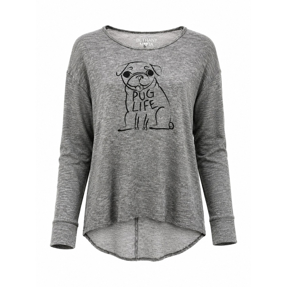 Bethany Mota Pug Life Graphic Knit Top Womens Medium Gray Casual Cute